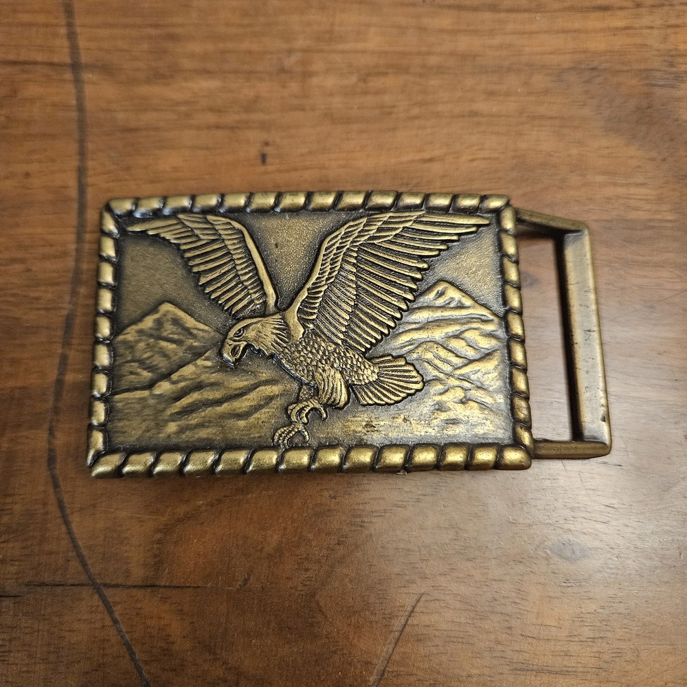 Vintage Brass Belt Buckle Eagle Soaring Mountain Range